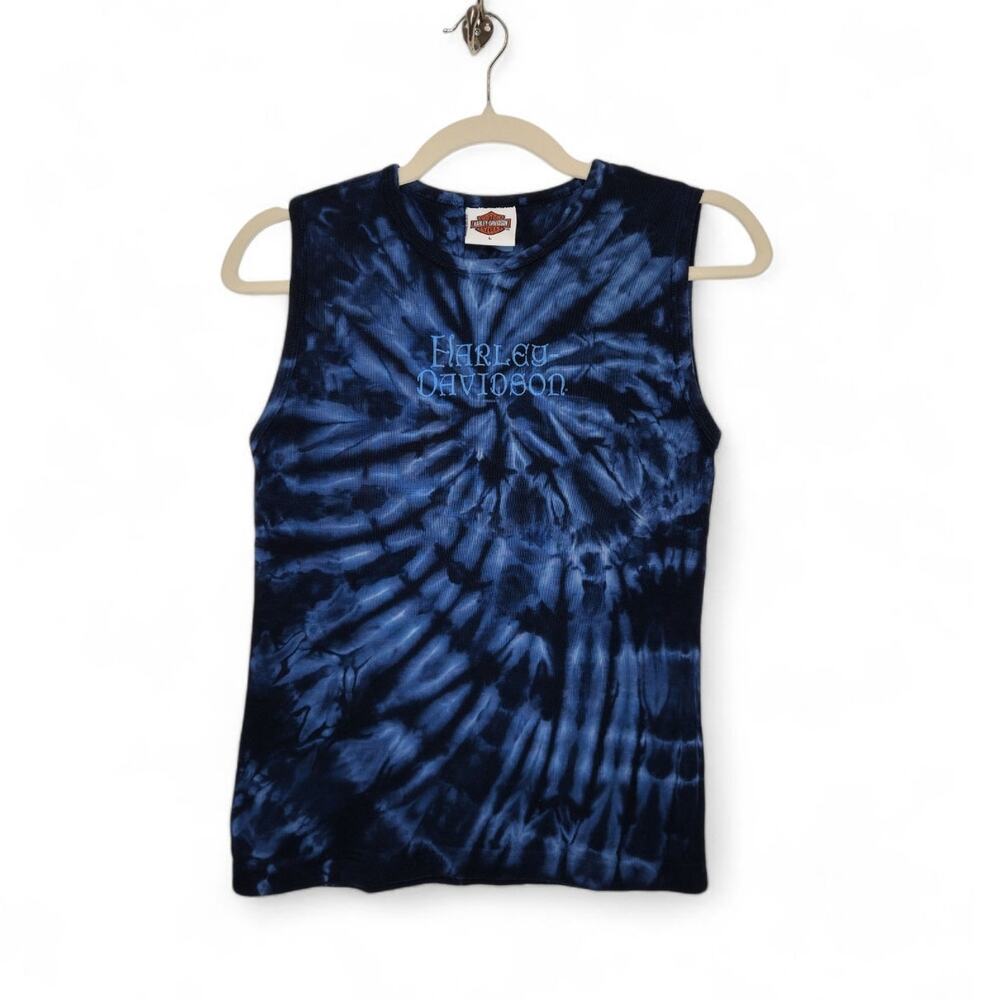 Vintage y2k Harley Davidson Tie Dye Tank Top Shirt Large Blue Biker Grunge HD